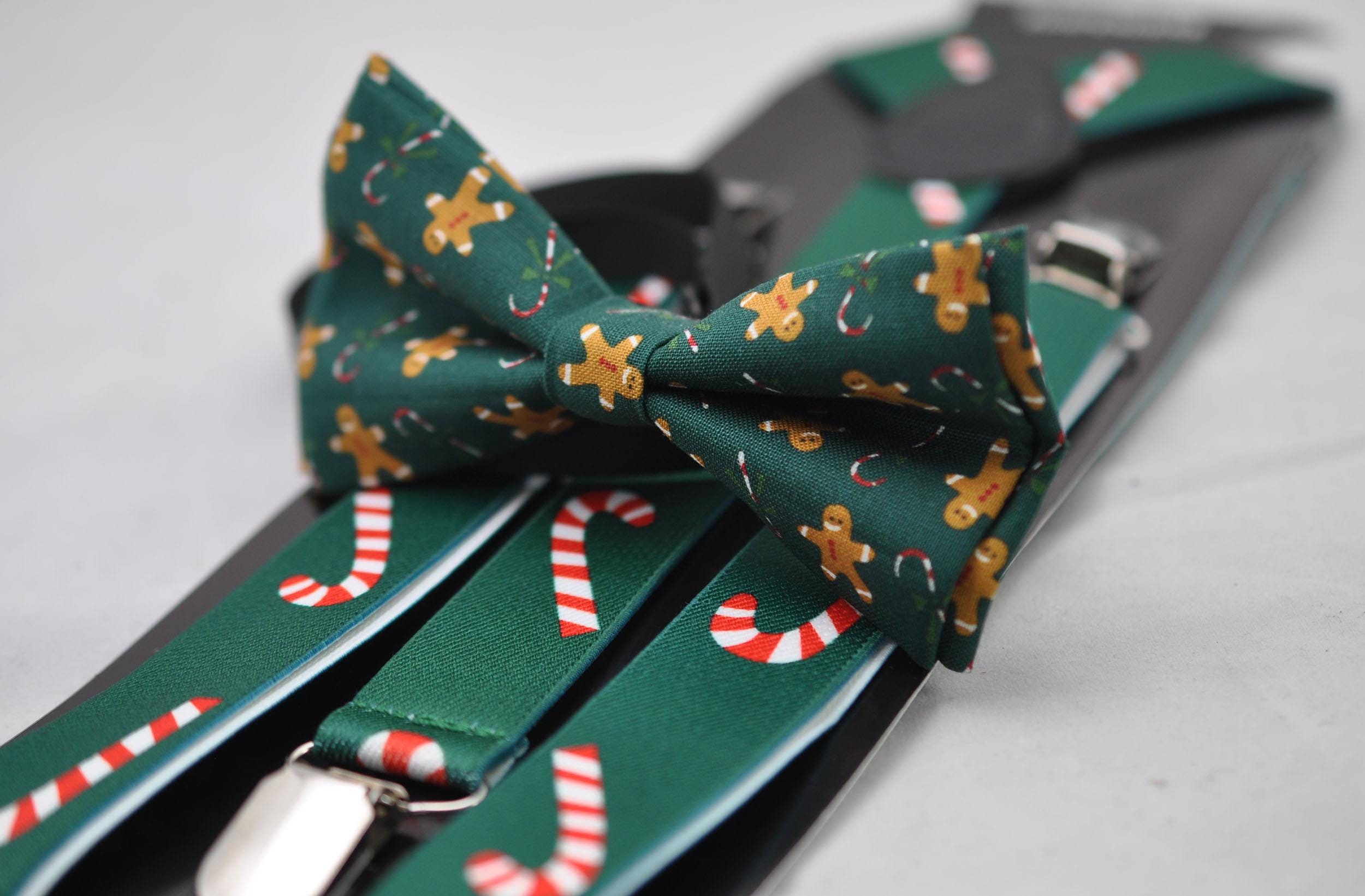 Gingerbread Men Christmas Xmas Cotton GREEN Bow tie + Candy Canes Suspenders Braces for Men / Youth / Boys Kids / Baby Infant Toddler