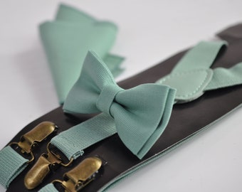 Sage Green Cotton Bow tie + Elastic Suspenders Braces + Pocket Square Hanky Handkerchief for Men / Youth / Boys Kids / Baby Infant