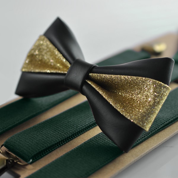 Black Gold Golden Faux Leather Bow tie + Emerald Green Elastic Suspenders Braces  Men / Youth  / Kids Boy /Toddler Baby Infant