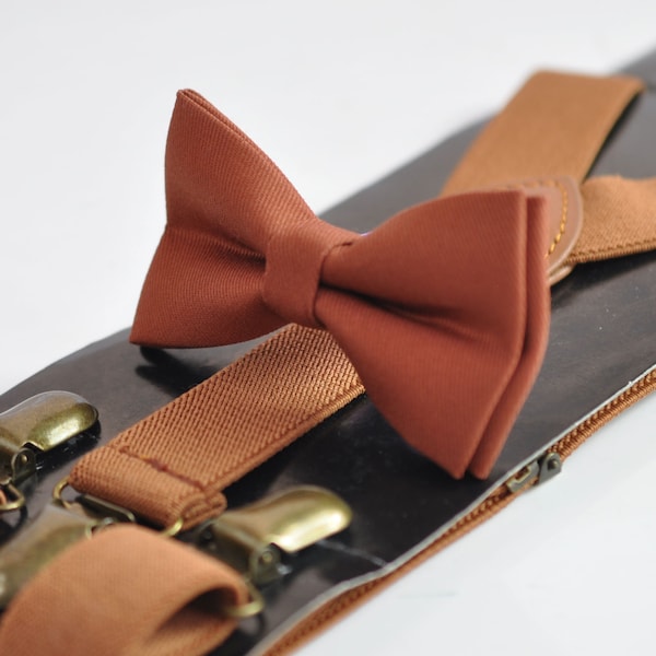 Rust Rusty Redish Brown Cotton Bow tie Bowtie + Tan Elastic Suspenders Braces for Men / Youth Teenage/ Boys Kids / Baby Infant Toddler