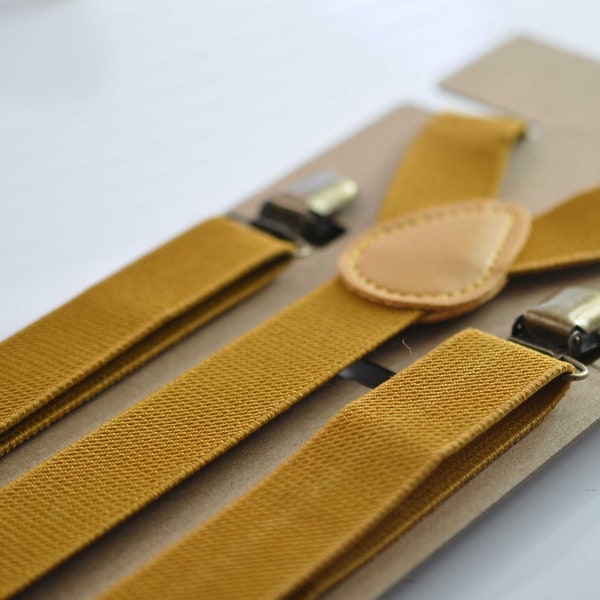 Mustard Honey Ginger Yellow 25MM Elastic Y-Back Suspenders Braces Bronze Metal Clips for Men Adult / Youth / Kids Boy /Toddler Baby Infant