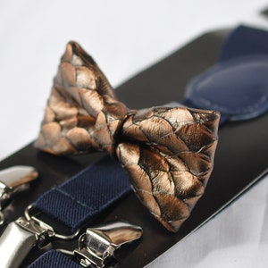 Copper Brown Dragon Squama Fish Scales Faux Leather Bow tie + Navy Blue Elastic Suspenders Braces for Men / Youth / Boy Kids / Baby infant