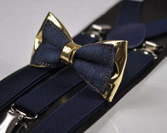Navy Blue Denim Gold Faux Leather Bow Tie + Navy Blue Elastic Suspenders Braces for Men / Teenage / Boy Kids / Baby Infant Toddler