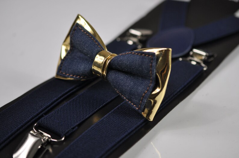 Navy Blue Denim Gold Faux Leather Bow Tie Navy Blue Elastic Suspenders Braces for Men Teenage Boy Kids Baby Infant Toddler