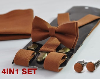 Bruinbruine katoenen vlinderdas + elastische bretels bretels + pochet zakdoek + manchetknopen voor heren / jeugd / jongens kinderen / baby baby