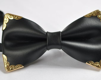Men Adult Pretied Black Shining PVC Faux Leather Gold Edge Bow tie  Bowtie Wedding Party