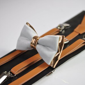 Silver Grey Velvet Rose Gold Faux Leather Bow tie - Tan Brown Faux Leather Suspenders Braces for Youth Teenage / Boy Kids / Baby Infant