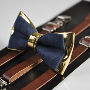 Navy Blue Denim et Gold Faux Leather Bow Tie - Brown Faux Leather Suspenders Braces for Men / Youth Teenage / Boy Kids / Baby Toddler