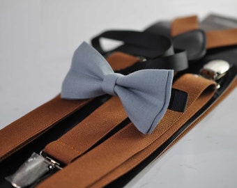 Dusty Blue Linen Bow tie Bowtie + Tan Brown Elastic Suspenders Braces for Men / Youth Teenage/ Boys Kids / Baby Infant Toddler