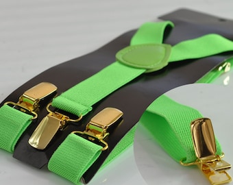 Lindgrün Hellgrün 25MM Elastische Y-Rücken Hosenträger Klammern Gold Golden Metall Clips für Männer Erwachsene / Jugend / Kinder Junge / Kleinkind Baby Säugling