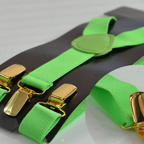 Lime Green Bright Green 25MM Elastic Y-Back Suspenders Braces Gold Golden Metal Clips for Men Adult / Youth / Kids Boy /Toddler Baby Infant