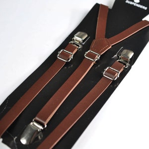 Dark Brown Faux Leather Skinny Adjustable Braces Suspenders 100% Cotton Brown Bowtie Bow Ties for BOY KIDS Baby Infant or Youth Teenage image 8