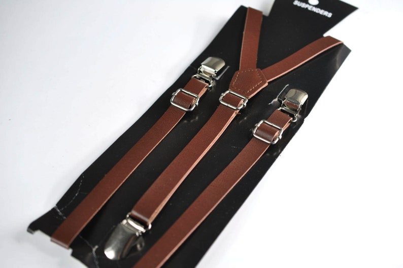 Dark Brown Faux Leather Skinny Adjustable Braces Suspenders 100% Cotton Brown Bowtie Bow Ties for BOY KIDS Baby Infant or Youth Teenage image 8