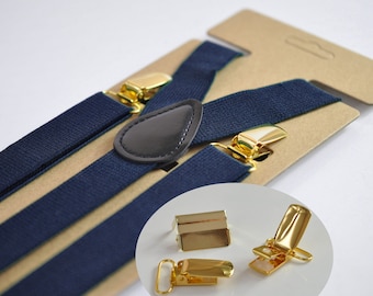 Navy Blue Dark Blue 25MM Elastic Y-Back Suspenders Braces Gold Golden Metal Clips for Men Adult / Youth  / Kids Boy /Toddler Baby Infant