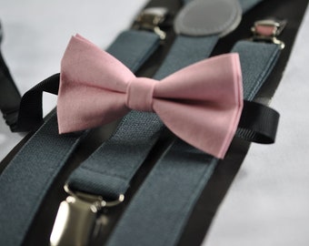 Dusky Dusty Rose Pink Blush Pink Cotton Bow tie+ Grey Gray Adjustable Elastic Suspenders Braces for Kids Page Boy Toddler or Youth Teenage