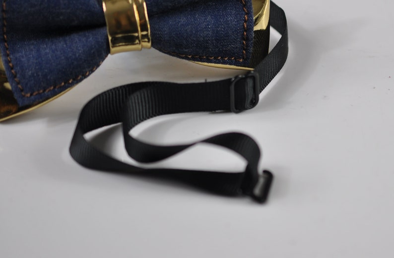Navy Blue Denim Gold Faux Leather Bow Tie Navy Blue Elastic Suspenders Braces for Men Teenage Boy Kids Baby Infant Toddler