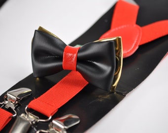 Black Red Gold Faux leather Bow tie + Red Elastic Suspenders Fits 1-6 Years Old