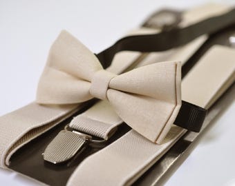 Papillon in cotone beige chiaro sabbia marrone chiaro + bretelle elastiche per uomo / ragazzo / ragazzo / bambino / neonato / bambino piccolo