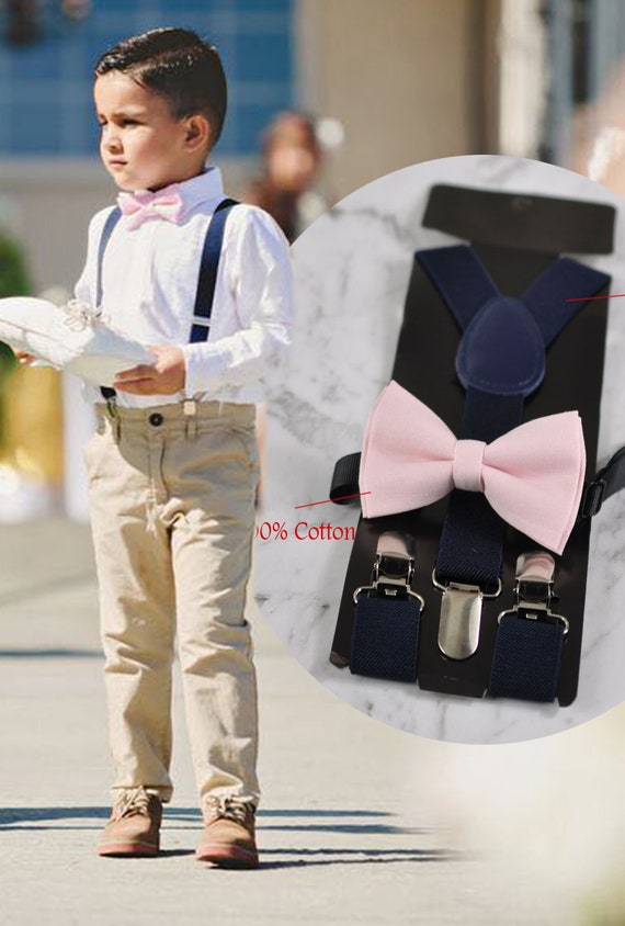 Navy Blue Clip-on Braces Elastic Suspenders 100% Cotton Baby Pink