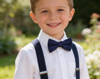 Navy Blue Solid 100%  Cotton Bowtie Bow Ties + Navy Blue Clip-on Braces Elastic Suspenders for Baby Kids Page Boy Toddler or Youth Teenage