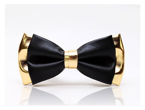 Mens Pvc Faux Leather Gold Golden Black Shining Bow Tie Etsy
