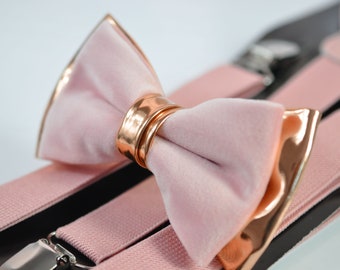 Dusty Pink Vevlet Rose Gold Faux Leather Bow tie + Bretelles élastiques assorties Baraces pour hommes / Jeunesse / Garçon enfants / Bébé bébé tout-petit