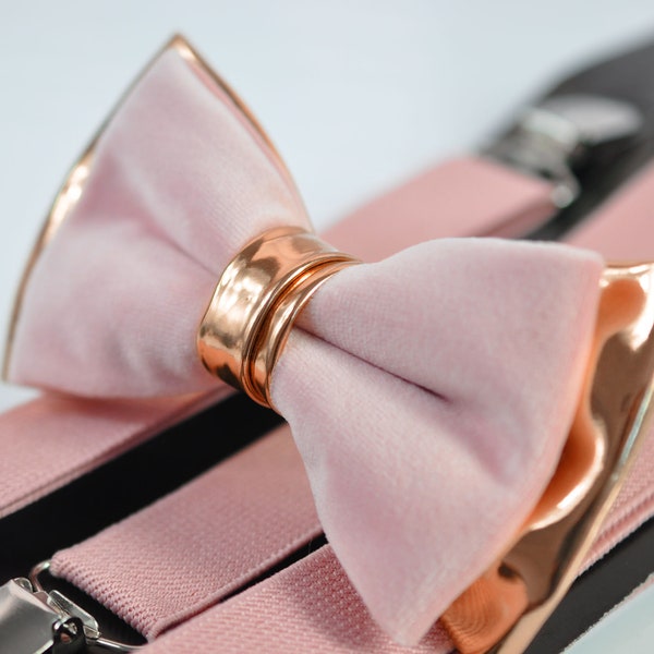 Dusty rosa Vevlet oro falso cuero pajarita pajas corbata de cuero + suspenders elásticos emparejados Baraces para hombres / jóvenes / niños / bebé bebé niño pequeño