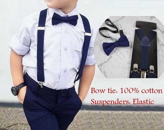 Navy Blue Solid 100%  Cotton Bowtie Bow Ties + Navy Blue Clip-on Braces Elastic Suspenders for Baby Kids Page Boy Toddler or Youth Teenage