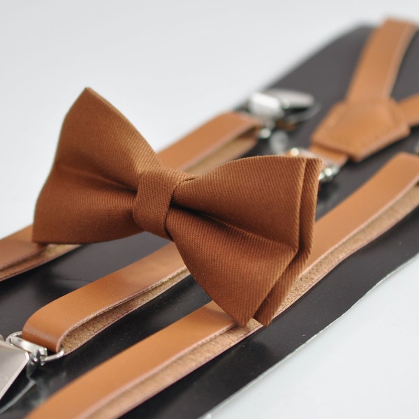 Tan Toffee Brown Cotton Bow tie + Tan Faux Leather Adjustable Suspenders Braces for Baby infant Toddler / Boy Kids / Youth Teenage