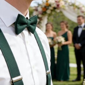 May include: A crisp white button-down shirt paired with a solid dark forest green bow tie and matching dark forest green braces. The braces feature polished silver-toned metal clips that securely fasten to the fabric of the shirt.