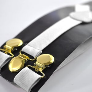 White 25MM Elastic Y-Back Suspenders Braces Round Gold Golden Metal Clip Men / Youth  / Kids Boy /Toddler Baby Infant