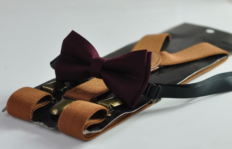 Tan Brown Elastic Suspenders Braces for Men Youth Boys Kids Baby Infant Toddler Burgundy Red Dark Wine Red Cotton Bow tie