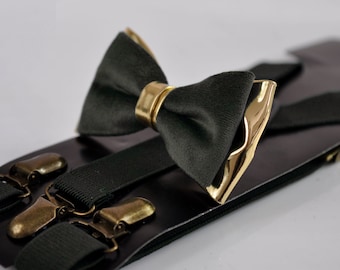 Black Velvet Gold Leather Bow tie  + Black Elastic Suspenders Braces Men / Youth / Boys Kids / Baby Infant Toddler