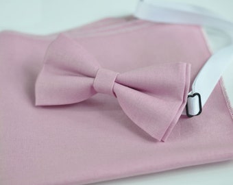 Men 100% Cotton Quality Dusky Dusty Rose Pink Blush Pink Handmade Bow Tie Bowtie matched pocket Square Hanky Handkerchief  Wedding