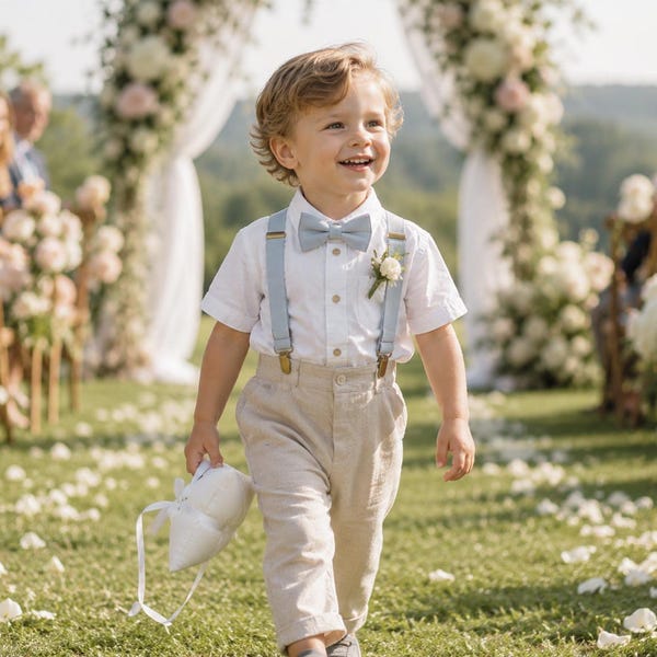 Hosenträger-Set mit Fliege in Staubblau, Ringträger-Outfit, Hosenträger für Jungen bei der Hochzeit, hellblaue Fliege, Accessoires für Trauzeugen