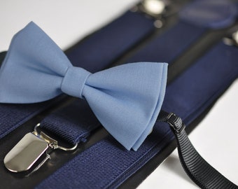 Dusky Dusty Blue Blush Blue Cotton Bow tie+ Navy Blue Adjustable Elastic Suspenders Braces for Kids Page Boy Toddler or Youth