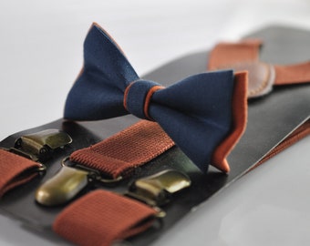 Dark Navy Blue and Burnt Orange Linen Bow tie Bowtie + RUST Terracotta Suspenders Braces for Men / Youth/ Boys Kids / Baby Infant Toddler
