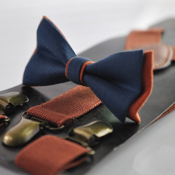 Dark Navy Blue and Burnt Orange Linen Bow tie Bowtie + RUST Terracotta Suspenders Braces for Men / Youth/ Boys Kids / Baby Infant Toddler