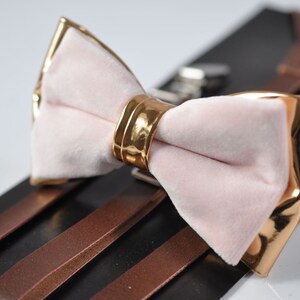 Baby Pink Velvet Rose Gold Faux cravate en cuir Bow tie - Brown Faux Leather Suspenders accolades pour hommes / Jeunes adolescents / Boy Kids / Bébé bébé