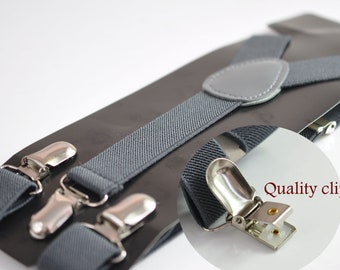 Dark Grey Gray 25MM Elastic Y-Back Suspenders Braces Quality Clips for Men Adult / Youth Teenage / Kids Boy /Toddler Baby Infant