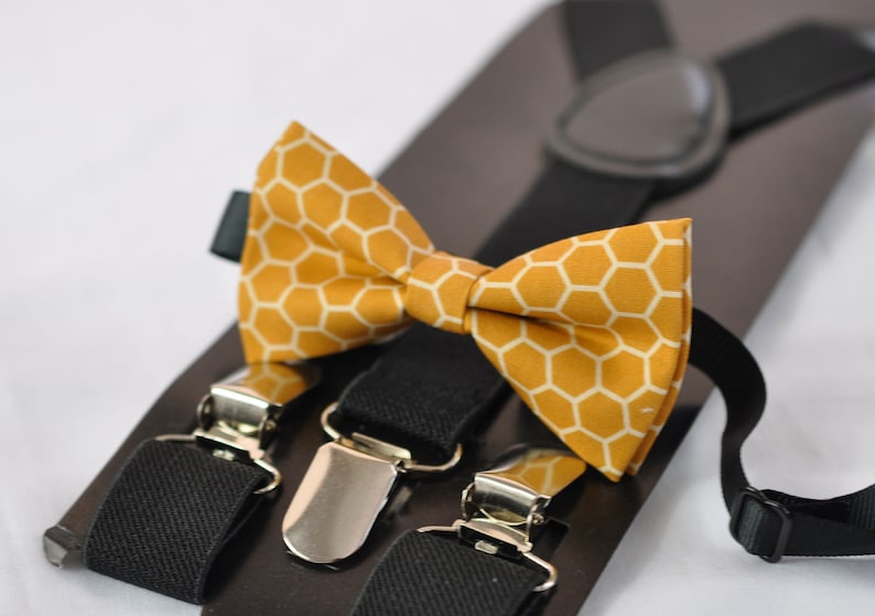 Black Elastic Suspenders Braces for Baby infant Boy Kids Youth Teenage Men Yellow Bees Honeycomb Honey Comb Print Cotton Bow tie