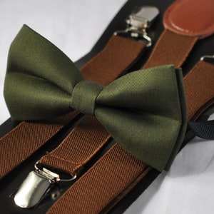 Noeud papillon en coton vert olive vert armée + bretelles élastiques marron pour homme adulte/jeune adolescent/garçon enfants/bébé enfant en bas âge