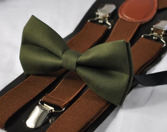 Olive Green Army Green Cotton Bow tie + Brown Elastic Braces Suspenders for Men Adult / Youth Teenage / Boy Kids / Baby Infant Toddler