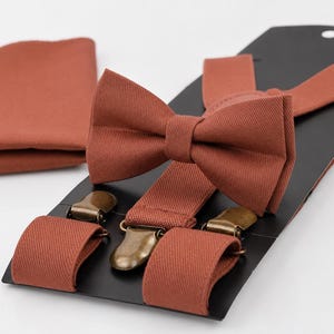 Rust Rusty Groom Wedding Bow tie + Elastic Suspenders Braces + Pocket Square Hanky Handkerchief for Men / Youth / Boys Kids / Baby Infant