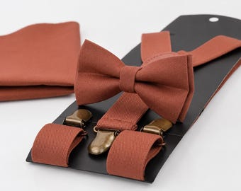 Rust Rusty Groom Wedding Bow tie + Elastic Suspenders Braces + Pocket Square Hanky Handkerchief for Men / Youth / Boys Kids / Baby Infant
