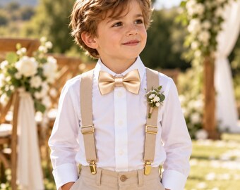 Ring Bearer Outfit, Champagne Satin Bow Tie and Sand Suspenders Set, Boys Wedding Accessories, Gold Clip Braces, Rustic Wedding