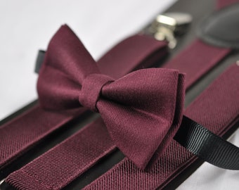 Burgundy Wine Red Cotton Bow tie + Matched Elastic Suspenders Braces Set for Men Adult / Youth Teenage / Boy Kids / Baby Infant Toddler