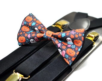 Halloween Cute Ghosts & Pumpkins Bow tie Bowtie + Black Suspenders Braces for Men / Youth Teenage / Boys Kids / Baby Infant Toddler