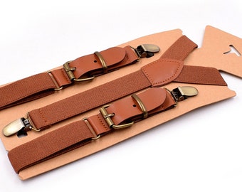 25mm Elastic Brown Tan Faux Leather Adjustabale Suspenders Braces for Men Adult / Youth Teenage / Boy Kids / Infant Toddler Baby