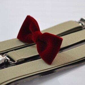 Burgundy Wine Red Skinny Velvet Bow tie + Khaki Elastic Suspenders Braces for Adult Men / Youth Teenage / Boy Kids / Baby Infant Toddler